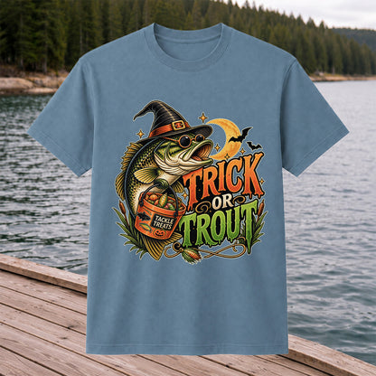 Trick or Trout Bass in Witch Hat with Tackle Treats Halloween Fishing T-Shirt