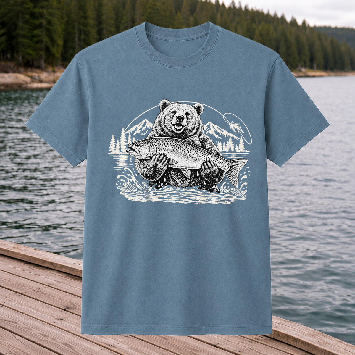 Bear Holding Trout in Mountain Lake Fishing Graphic T-Shirt