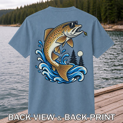 Brown Trout Sunglasses Fishing Graphic T-Shirt with Lure | Back Print