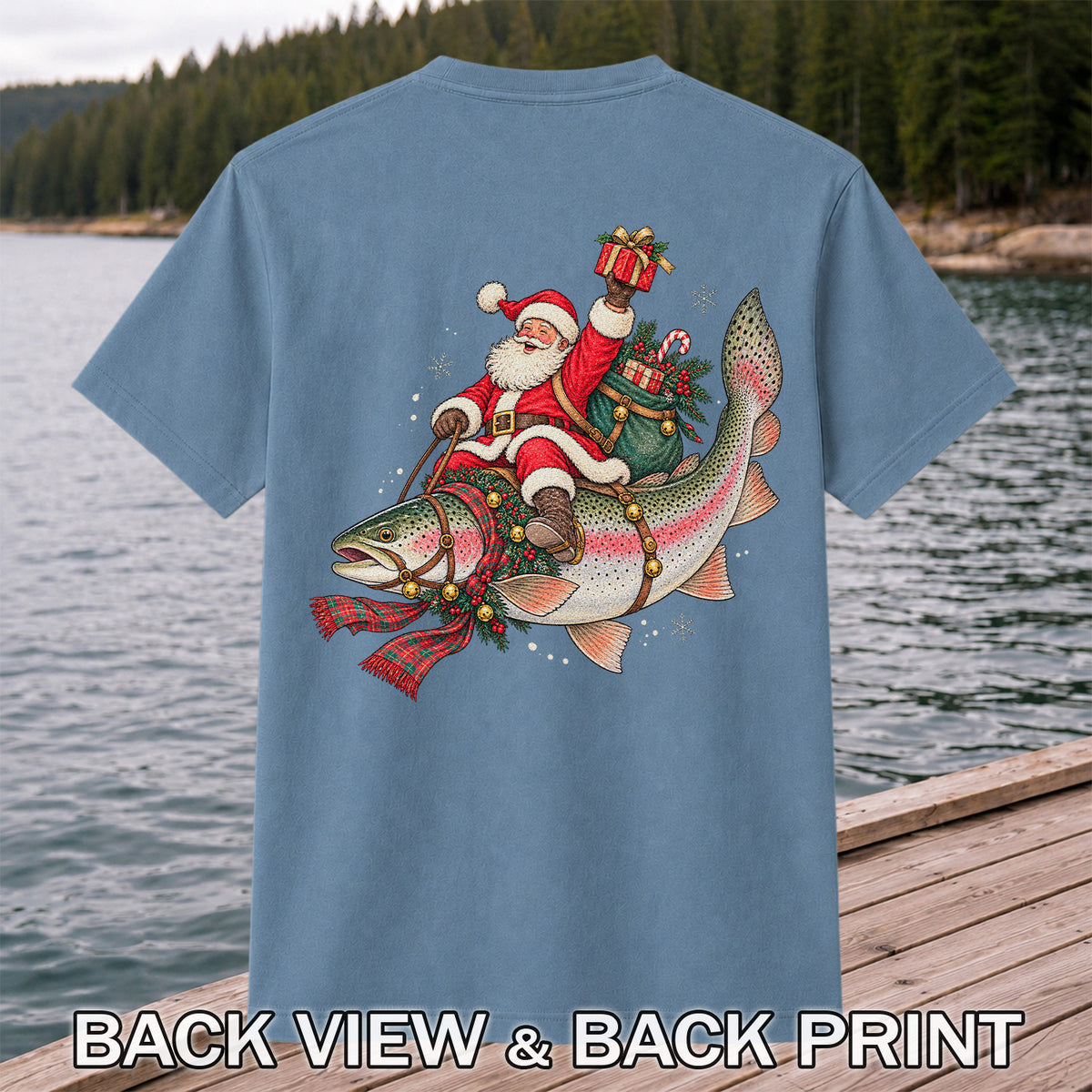 Santa Riding a Festive Rainbow Trout Christmas Fishing Graphic T-Shirt | Back Print