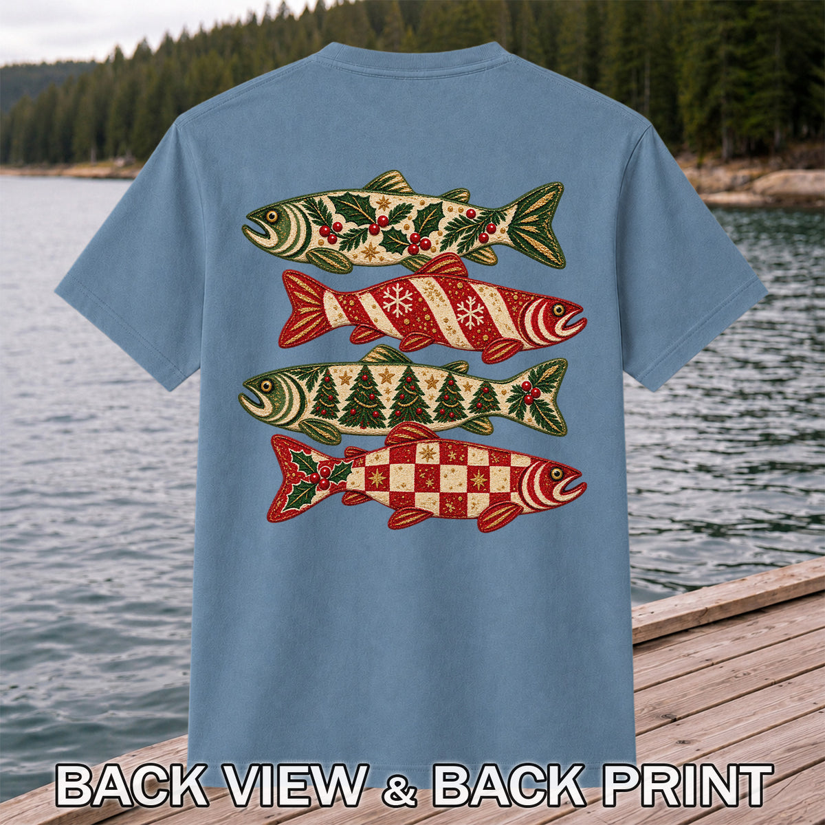 Christmas Trout Holiday Pattern Fishing Graphic T-Shirt | Back Print