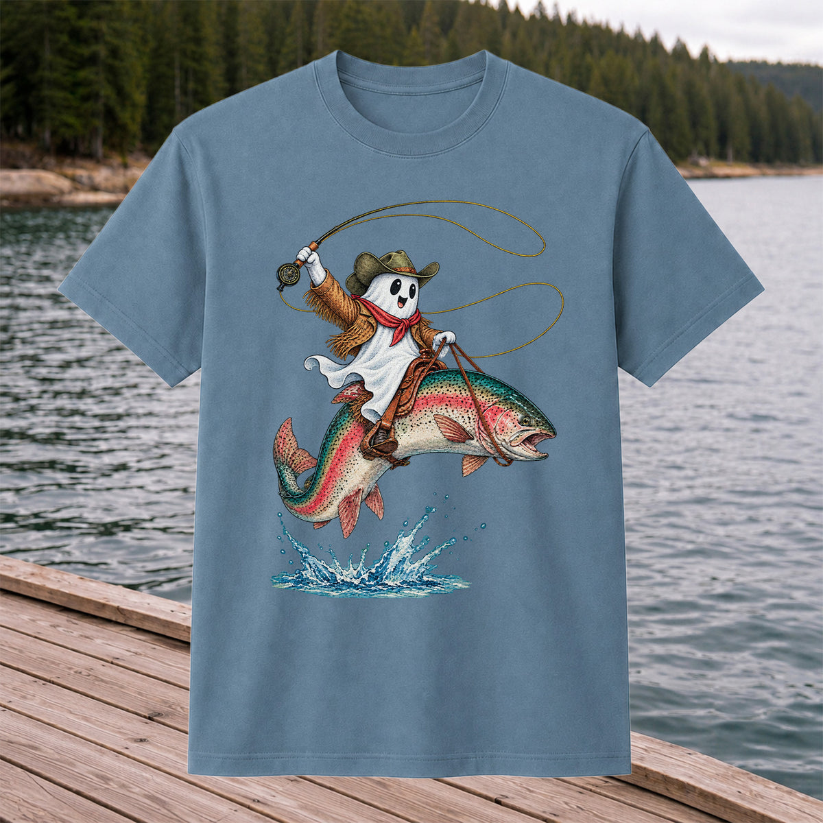 Ghost Cowboy Riding a Rainbow Trout Halloween Fishing T-Shirt