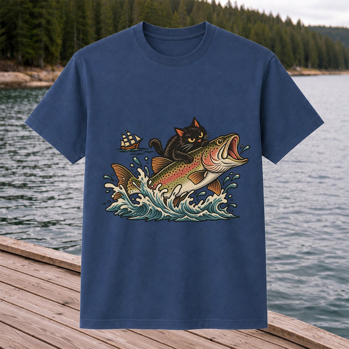 Black Cat Riding a Trout Ocean Wave Fishing Graphic T-Shirt