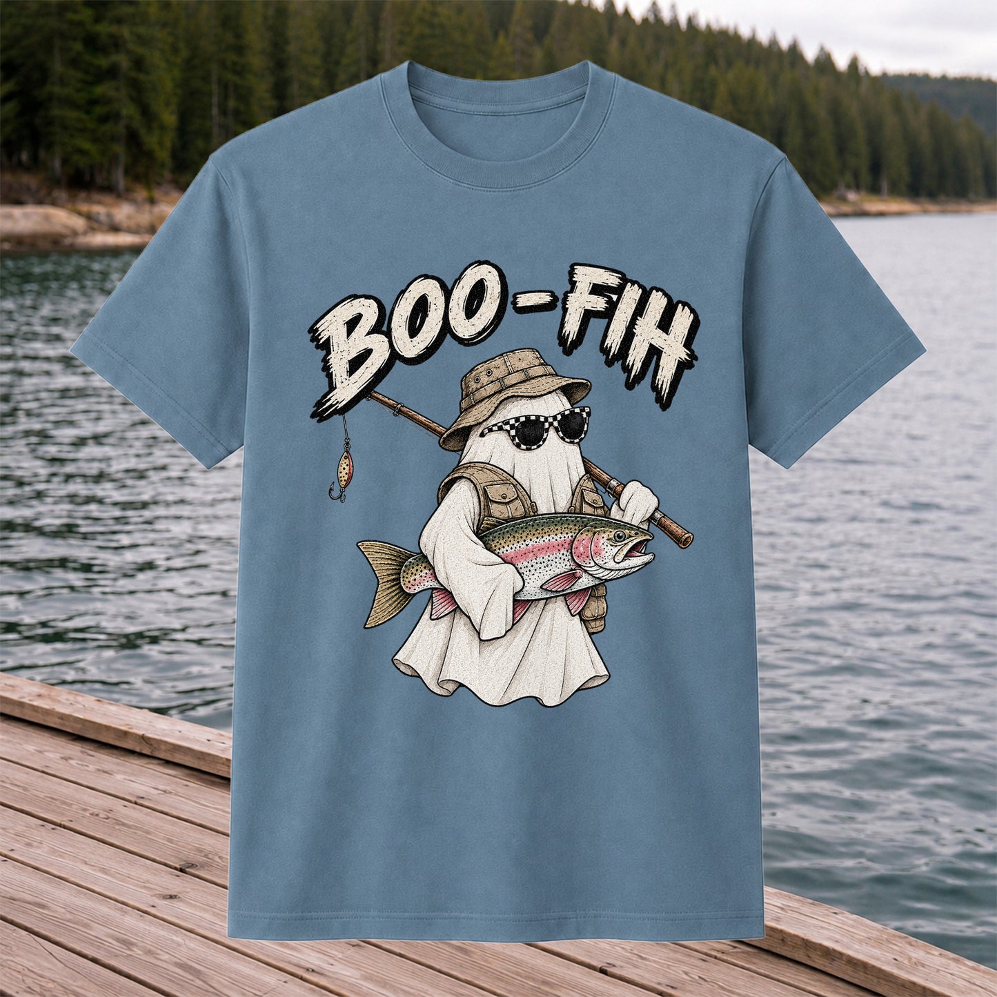 Boo-Fish Ghost Holding Rainbow Trout Fishing Graphic T-Shirt