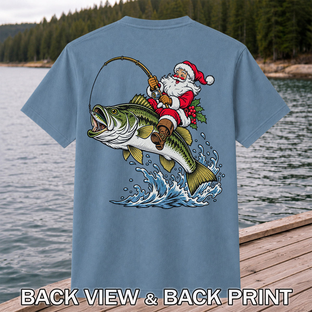 Santa Claus Riding a Bass Christmas Fishing Graphic T-Shirt | Back Print