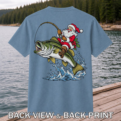 Santa Claus Riding a Bass Christmas Fishing Graphic T-Shirt | Back Print