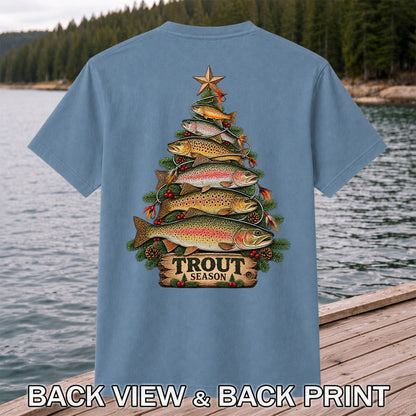 Trout Season Fish Christmas Tree Fishing T-Shirt | Back Print