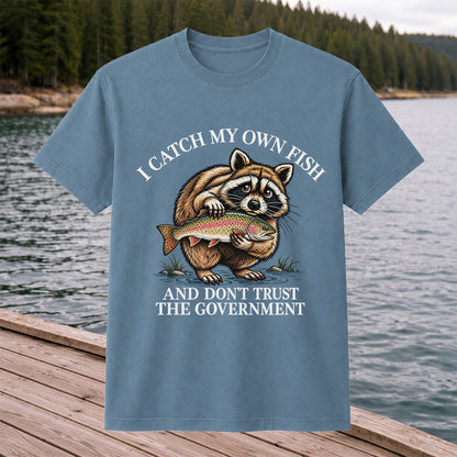 Raccoon Holding Rainbow Trout Fishing Graphic T-Shirt