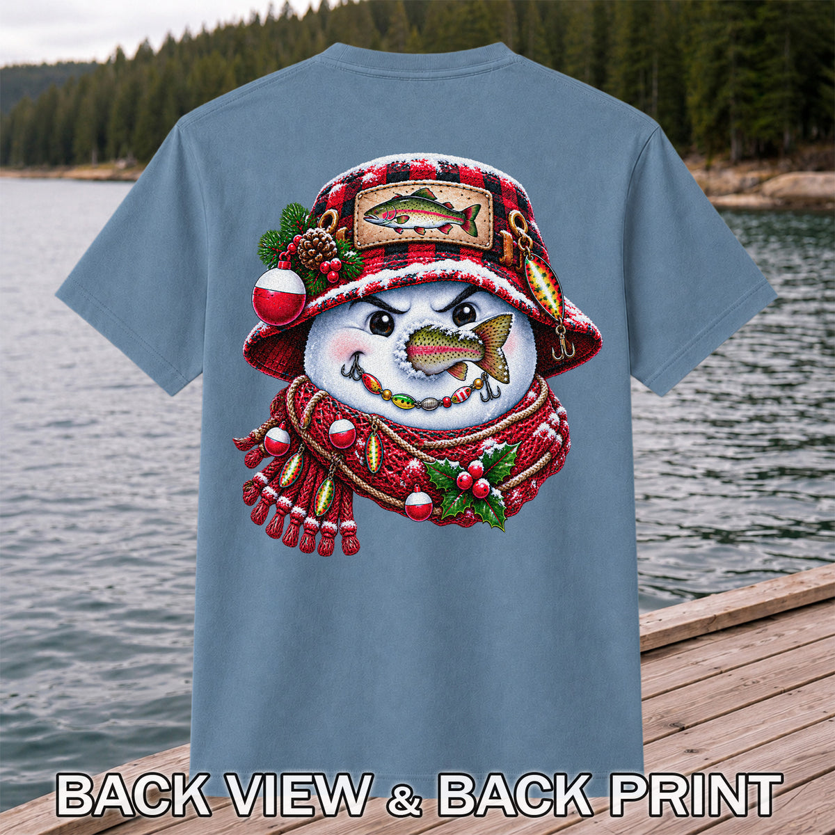 Christmas Snowman Trout Fishing Graphic T-Shirt | Back Print