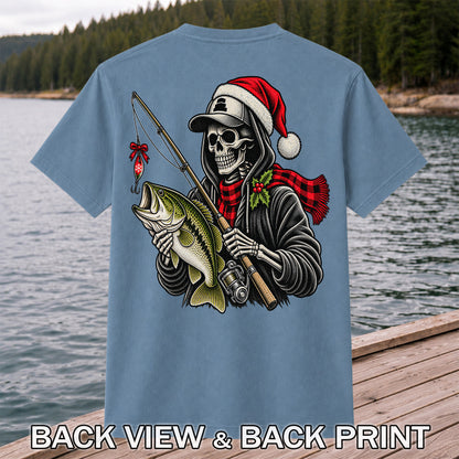Christmas Skeleton Angler with Santa Hat and Bass Fishing T-Shirt | Back Print