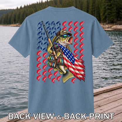 Patriotic Bass Fishing Graphic T-Shirt with American Flag Design | Back Print