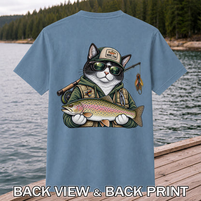 Cat Holding Rainbow Trout Fishing Graphic T-Shirt | Back Print