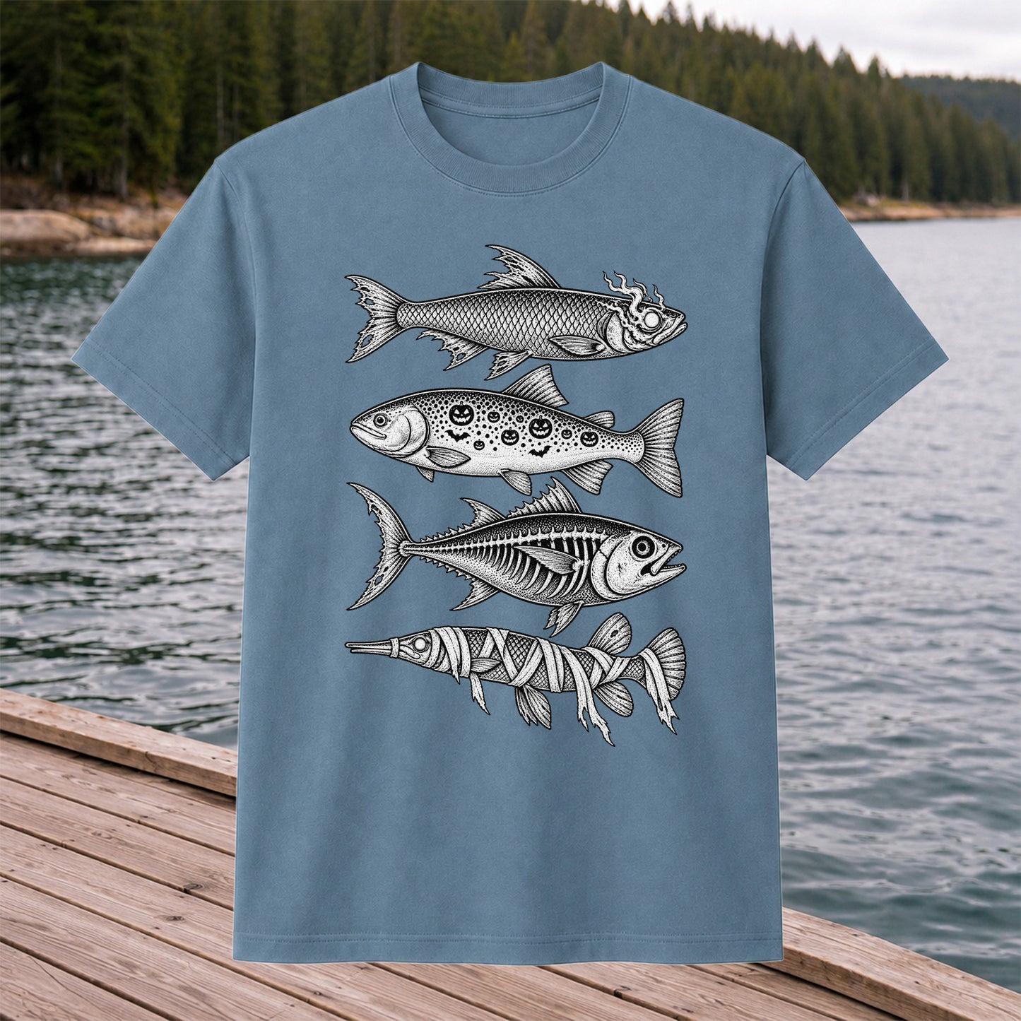Halloween Zombie Pumpkin Skeleton and Mummy Fish Graphic T-Shirt