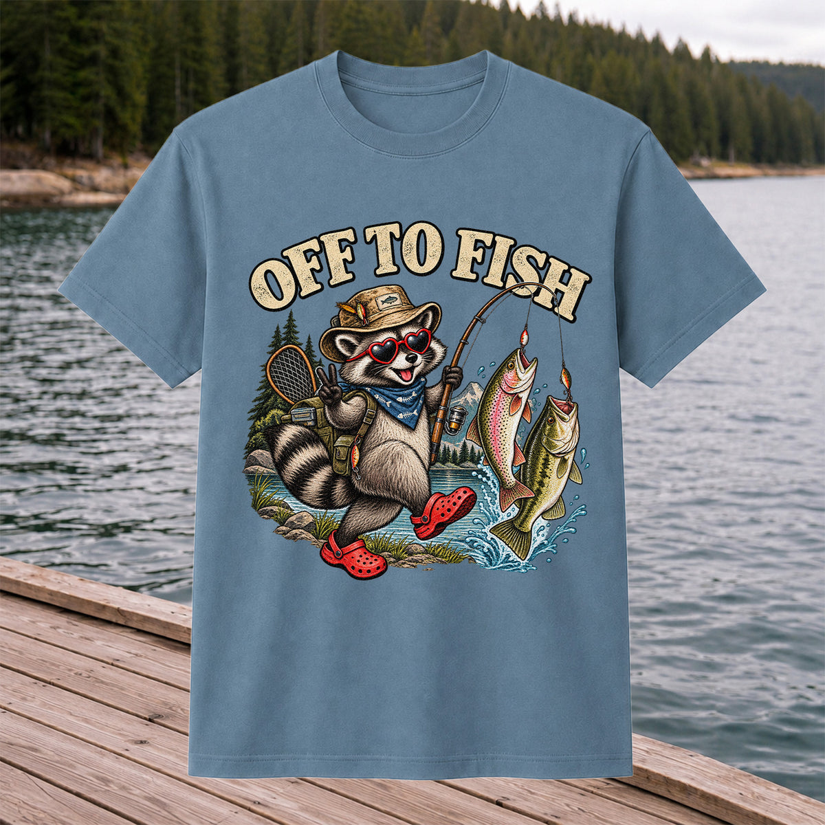 Off to Fish Raccoon with Trout and Bass Fishing T-Shirt