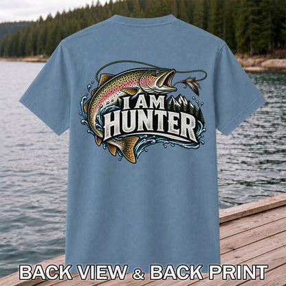 I Am Hunter Rainbow Trout Fly Fishing Mountain Graphic T-Shirt | Back Print