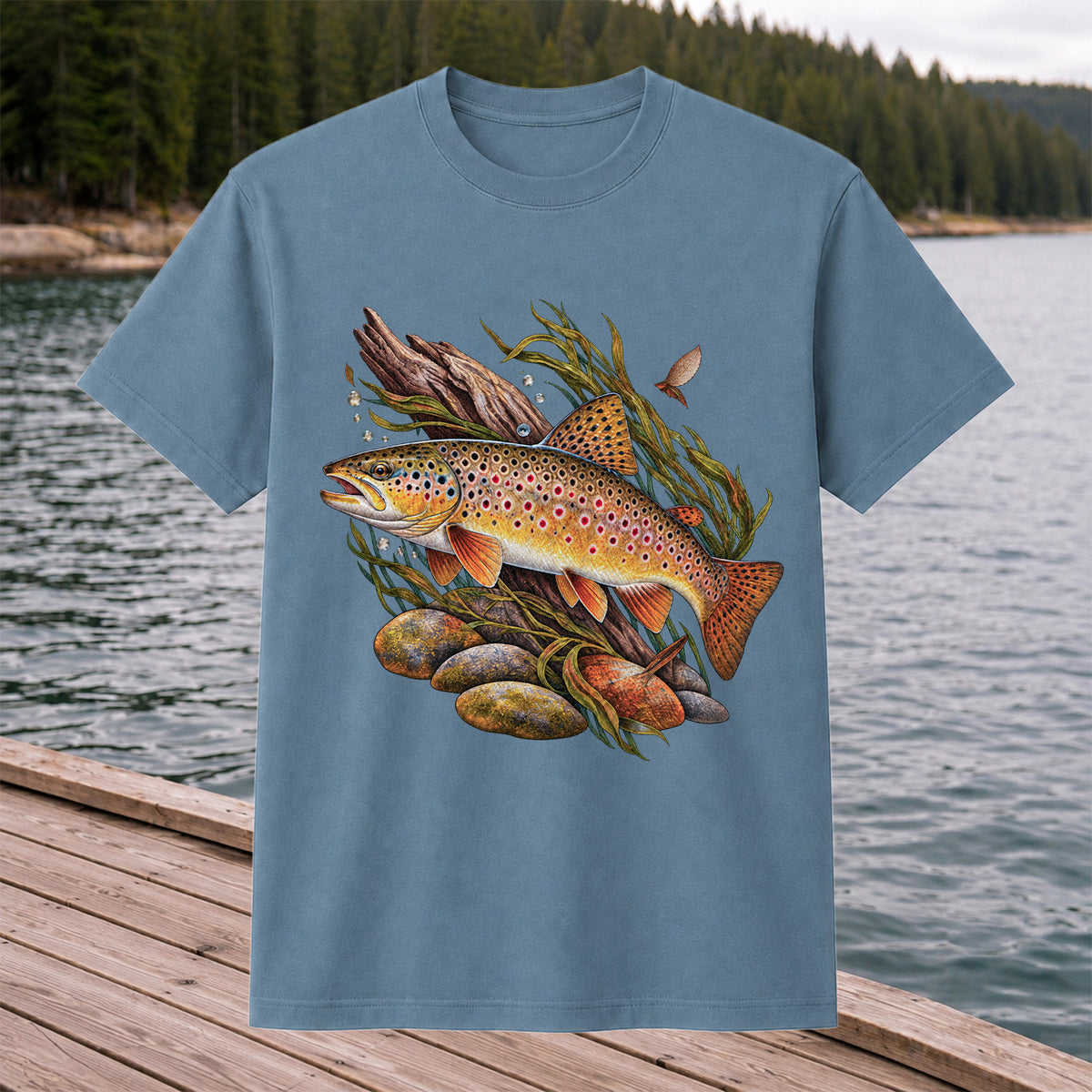 Vintage Brown Trout River Fishing Graphic T-Shirt