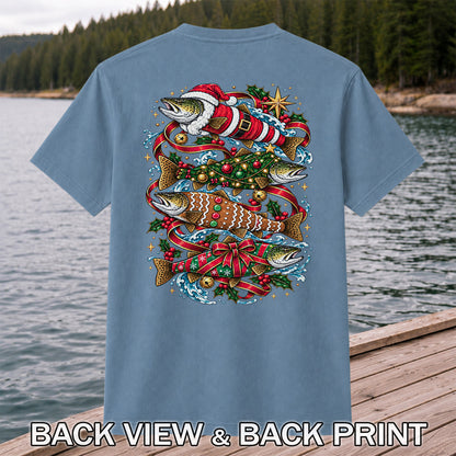 Santa and Gingerbread Trout Christmas Fishing Graphic T-Shirt | Back Print