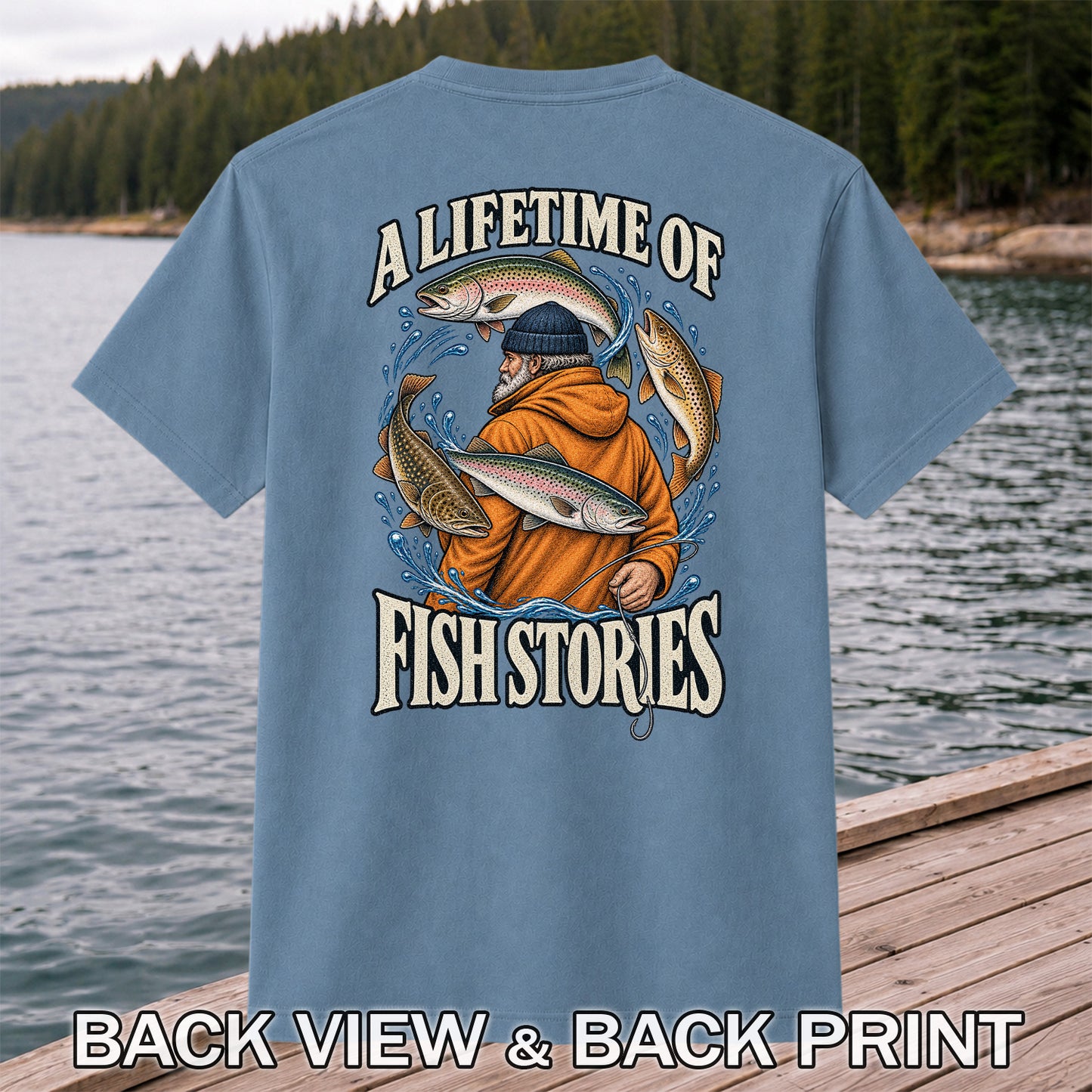 A Lifetime of Fish Stories Angler and Trout Fishing Graphic T-Shirt | Back Print