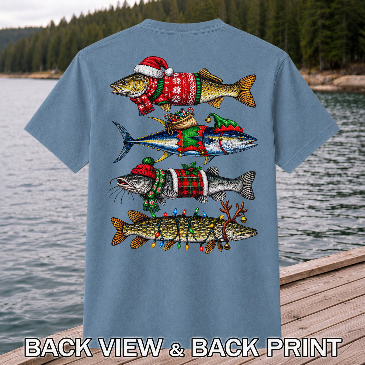 Christmas Fish in Festive Sweaters Fishing Graphic T-Shirt | Back Print