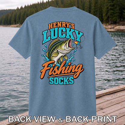 Henry's Lucky Fishing Socks Jumping Bass Graphic T-Shirt | Back Print