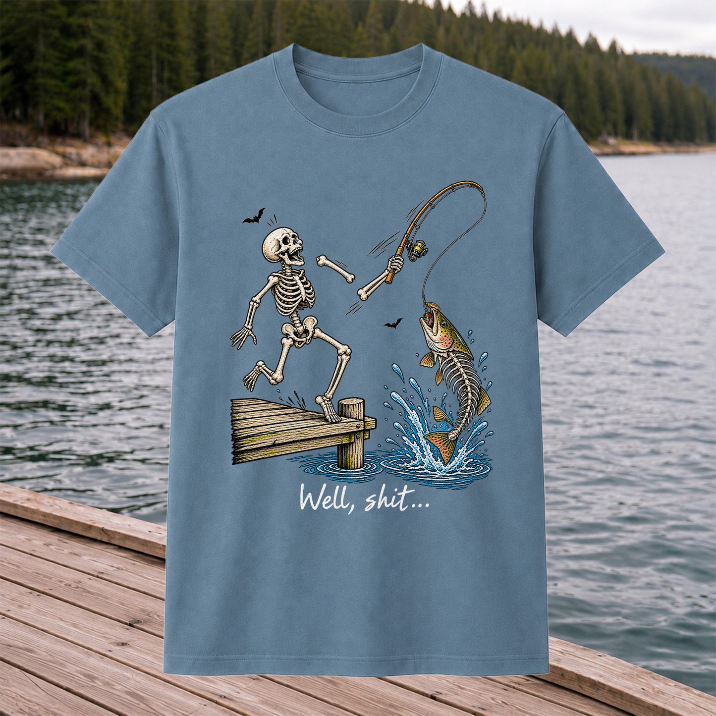 Well, Shit Skeleton Fishing Funny Graphic T-Shirt