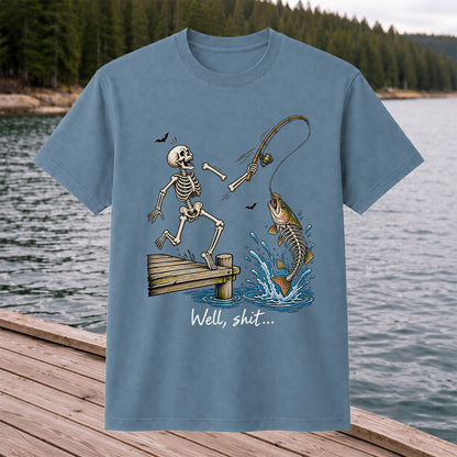Well, Shit Skeleton Fishing Funny Graphic T-Shirt