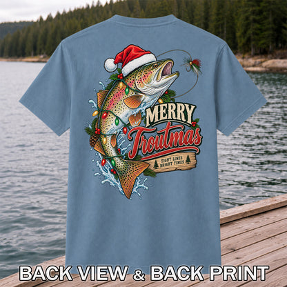 Merry Troutmas Tight Lines Bright Times Santa Hat Rainbow Trout Fishing T-Shirt | Back Print