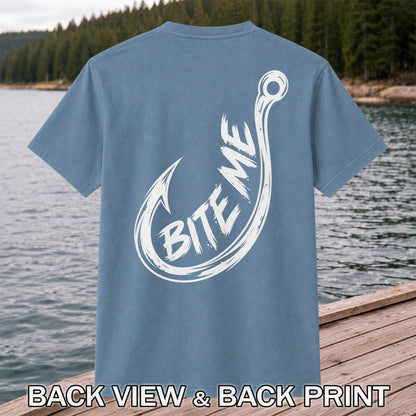 Bite Me Fishing Hook Funny Angler Graphic T-Shirt | Back Print