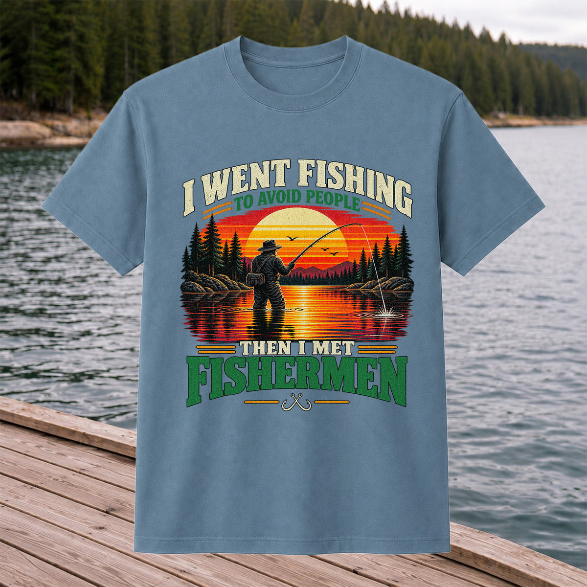 Sunset Fisherman Fishing Humor Graphic T-Shirt