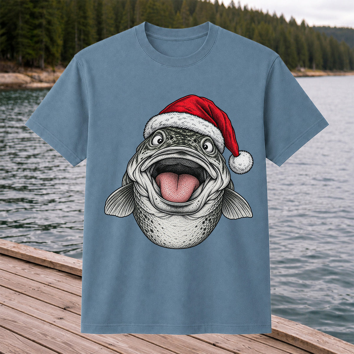 Funny Santa Hat Trout Christmas Fishing Graphic T-Shirt