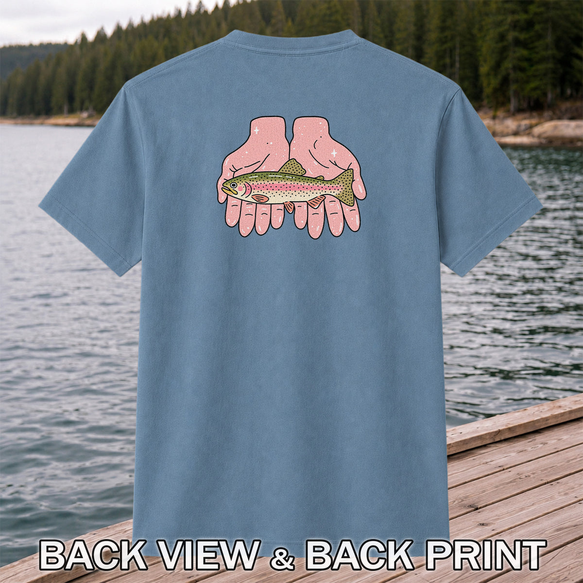Rainbow Trout Held in Pink Hands Fishing Graphic T-Shirt | Back Print