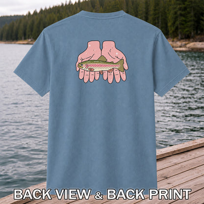 Rainbow Trout Held in Pink Hands Fishing Graphic T-Shirt | Back Print