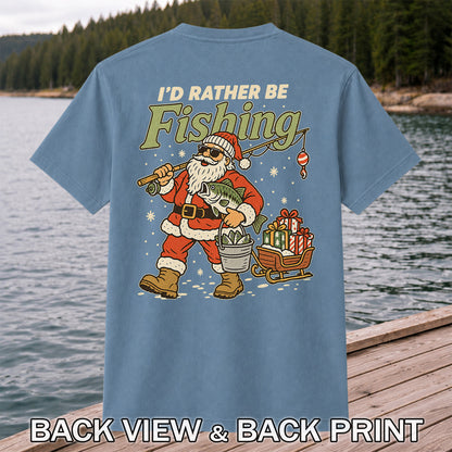 Santa Claus Fishing with Bass Christmas T-Shirt | Back Print