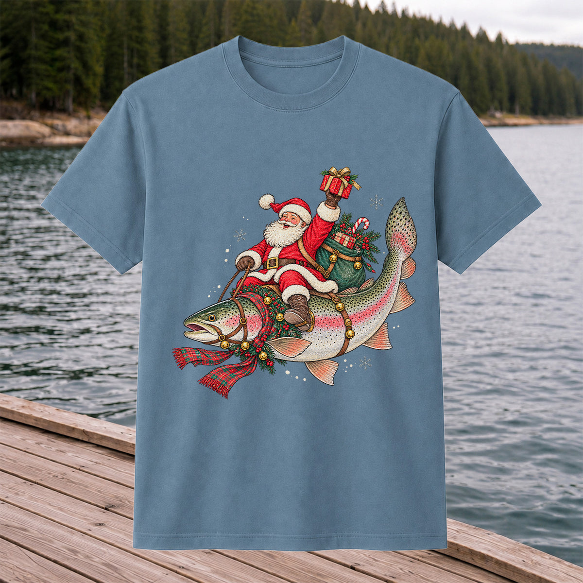 Santa Riding a Festive Rainbow Trout Christmas Fishing Graphic T-Shirt