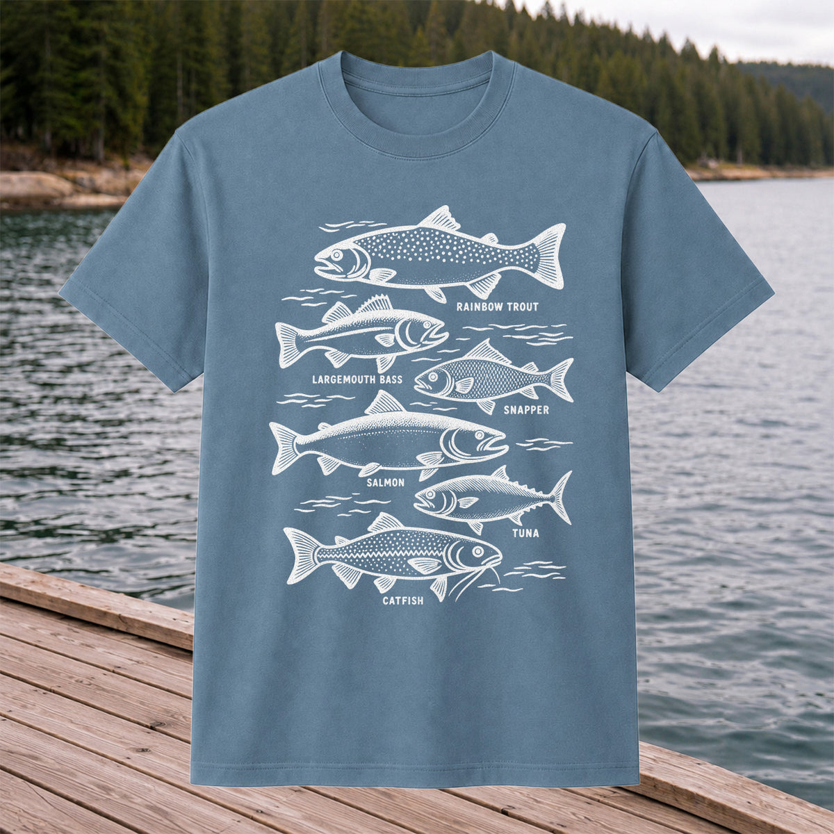 Rainbow Trout, Largemouth Bass, Snapper, Salmon, Tuna and Catfish Fishing Graphic T-Shirt