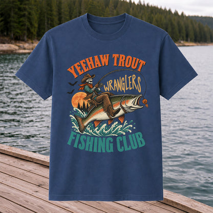 Yeehaw Trout Wranglers Fishing Club Cowboy Skeleton T-Shirt