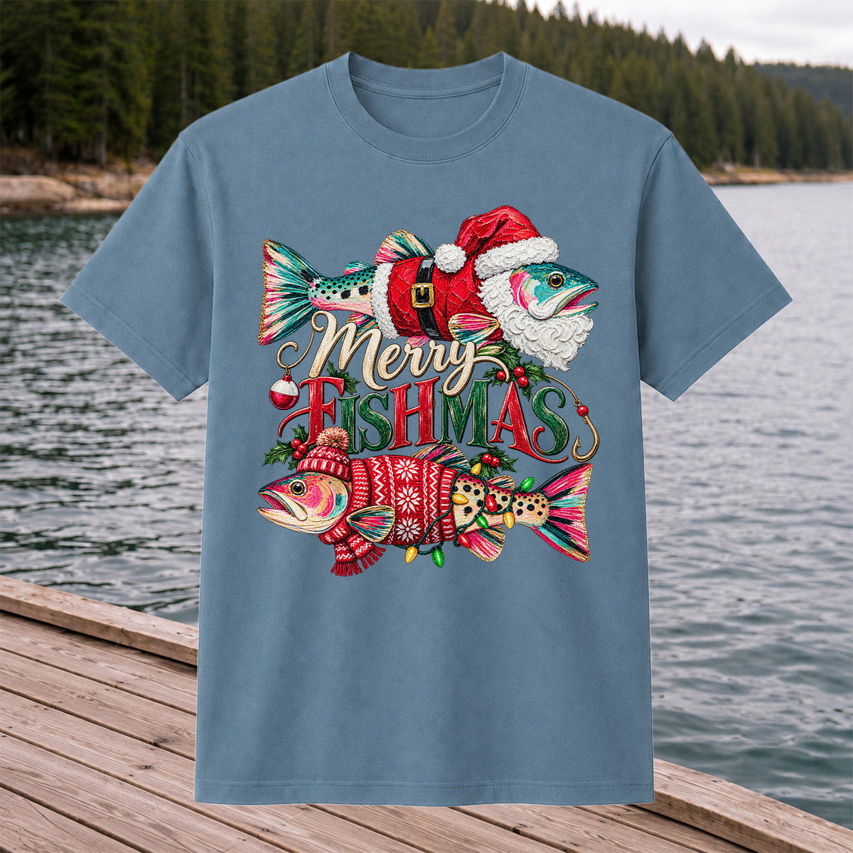Merry Fishmas Santa Fish Christmas Fishing Graphic T-Shirt