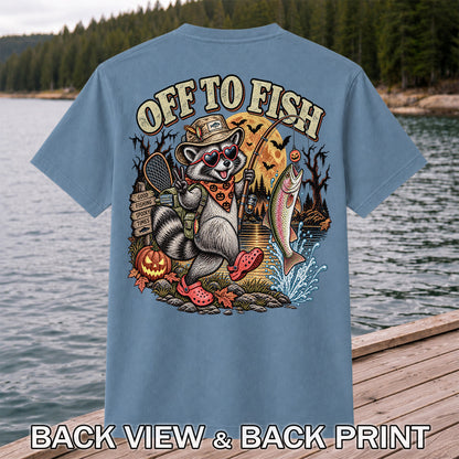 Off to Fish Raccoon and Trout Halloween T-Shirt - Good Fishing Spooky Times | Back Print