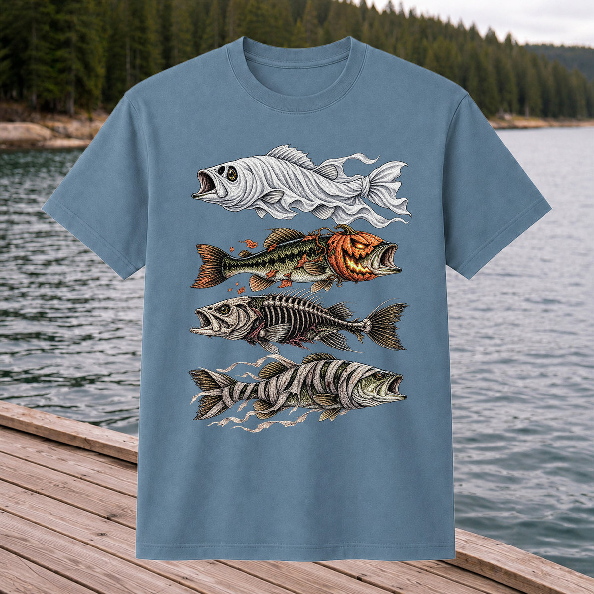 Halloween Bass Ghost Pumpkin Skeleton and Mummy Fish Graphic T-Shirt