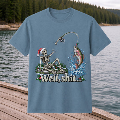 Well, Shit... Skeleton and Leaping Rainbow Trout Christmas Fishing T-Shirt
