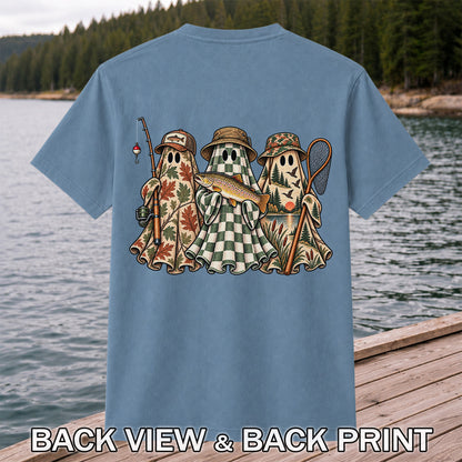 Autumn Ghost Trio with Brown Trout Halloween Fishing T-Shirt | Back Print