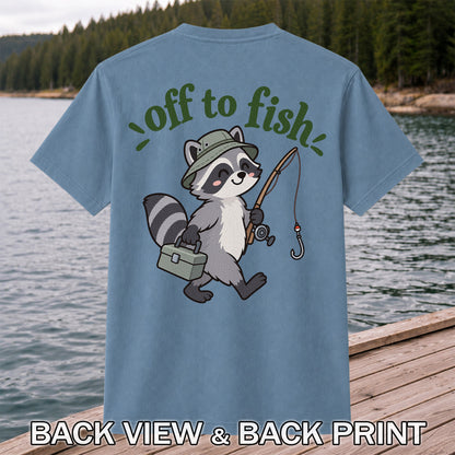 Off to Fish Cute Raccoon with Fishing Rod Graphic T-Shirt | Back Print
