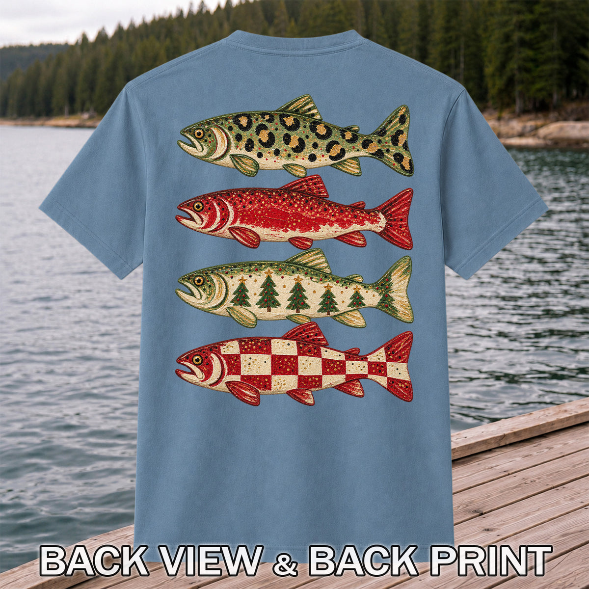 Four Seasonal Trout Patterns Christmas Fishing Graphic T-Shirt | Back Print