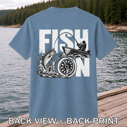 Fish On Jumping Trout and Fishing Boat Graphic T-Shirt | Back Print