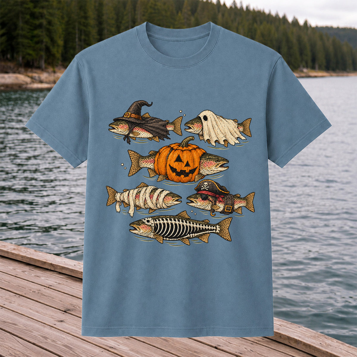 Rainbow Trout Halloween Costumes Witch Ghost Pumpkin Mummy Pirate Skeleton Fishing T-Shirt
