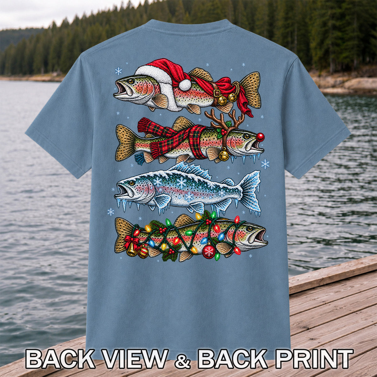 Christmas Rainbow Trout Holiday Fishing Graphic T-Shirt | Back Print
