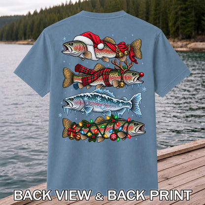 Christmas Rainbow Trout Holiday Fishing Graphic T-Shirt | Back Print