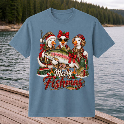 Merry Fishmas Christmas Ducks with Rainbow Trout Fishing T-Shirt