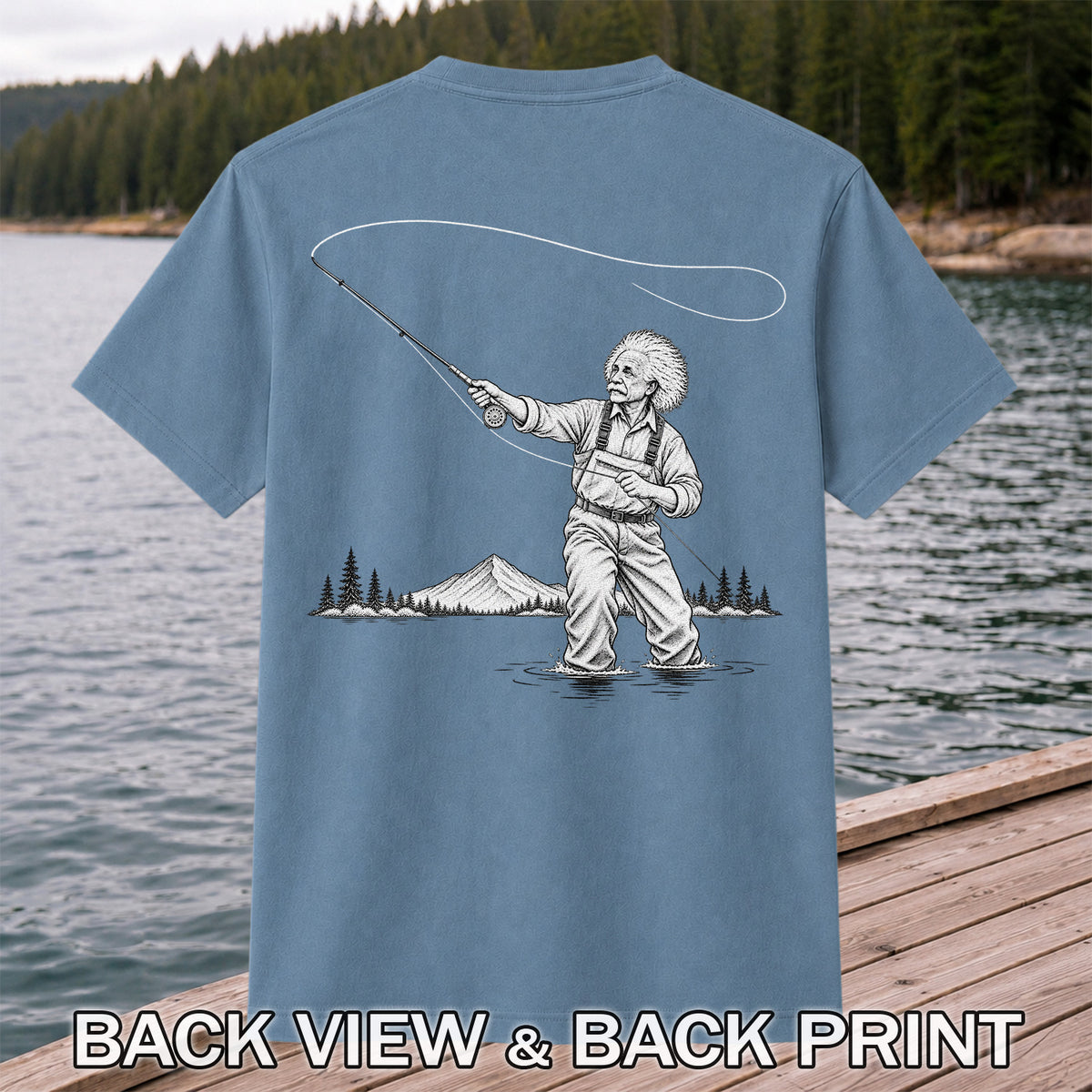 Vintage Fly Fisherman Mountain Lake Fishing Graphic T-Shirt | Back Print