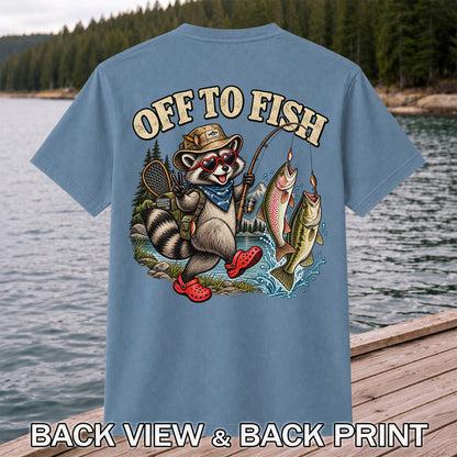 Off to Fish Raccoon with Trout and Bass Fishing T-Shirt | Back Print
